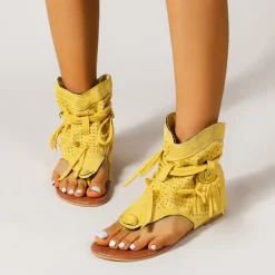 Women's Yellow Suede Lace-Up Gladiator Sandals with Perforated Design, Ideal for Summer Outings and Beach Vacations