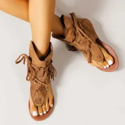 Women's Yellow Suede Lace-Up Gladiator Sandals with Perforated Design, Ideal for Summer Outings and Beach Vacations