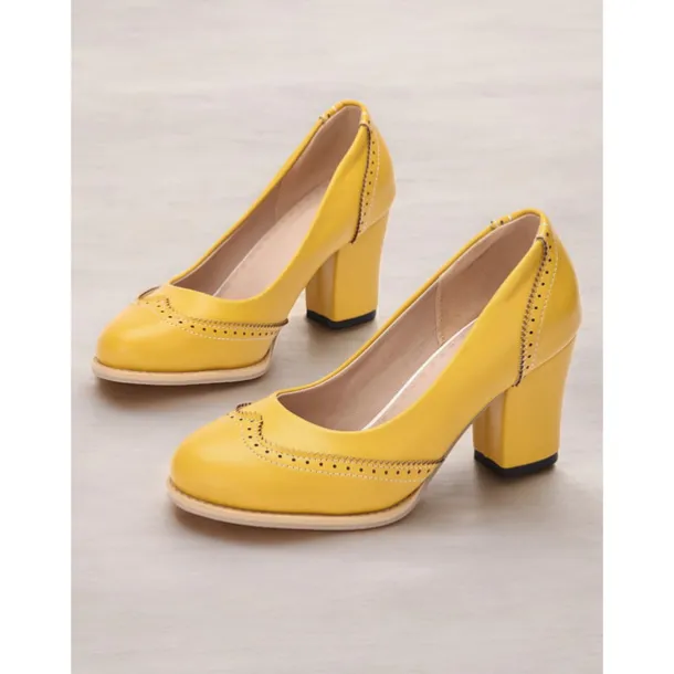 Women's Yellow Vintage-Inspired Heels with Brogue Detailing, Chunky Heel, and Slip-On Design, Perfect for Workwear and Special Occasions