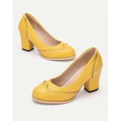 Women's Yellow Vintage-Inspired Heels with Brogue Detailing, Chunky Heel, and Slip-On Design, Perfect for Workwear and Special Occasions