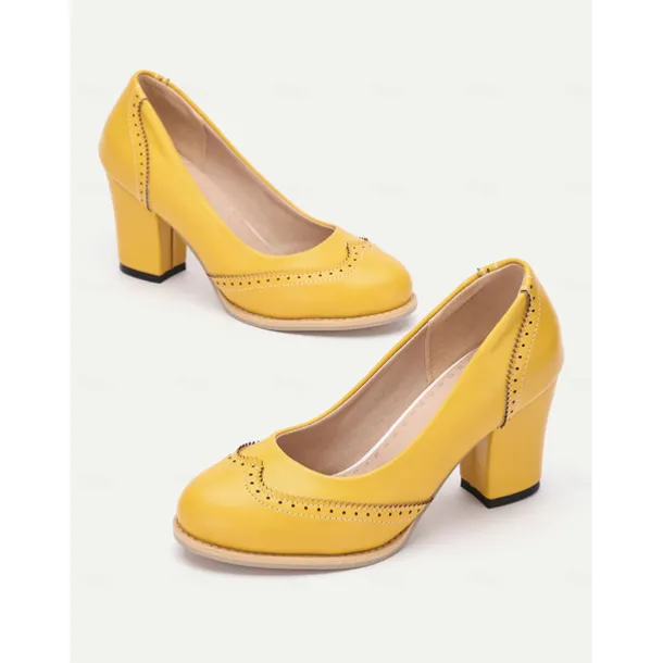 Women's Yellow Vintage-Inspired Heels with Brogue Detailing, Chunky Heel, and Slip-On Design, Perfect for Workwear and Special Occasions