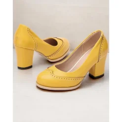 Women's Yellow Vintage-Inspired Heels with Brogue Detailing, Chunky Heel, and Slip-On Design, Perfect for Workwear and Special Occasions