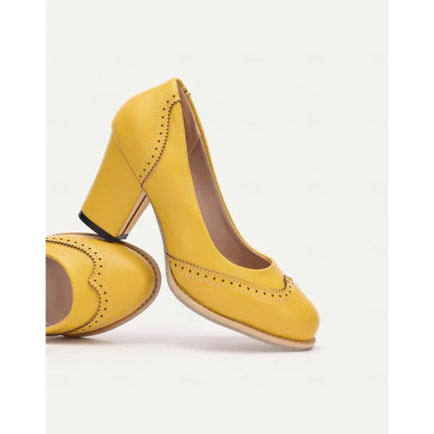 Women's Yellow Vintage-Inspired Heels with Brogue Detailing, Chunky Heel, and Slip-On Design, Perfect for Workwear and Special Occasions