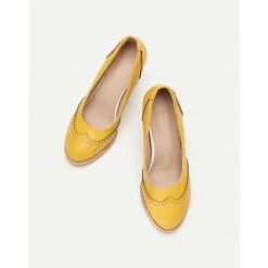 Women's Yellow Vintage-Inspired Heels with Brogue Detailing, Chunky Heel, and Slip-On Design, Perfect for Workwear and Special Occasions
