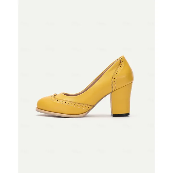Women's Yellow Vintage-Inspired Heels with Brogue Detailing, Chunky Heel, and Slip-On Design, Perfect for Workwear and Special Occasions