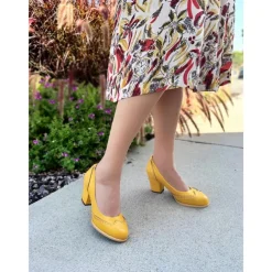 Women's Yellow Vintage-Inspired Heels with Brogue Detailing, Chunky Heel, and Slip-On Design, Perfect for Workwear and Special Occasions