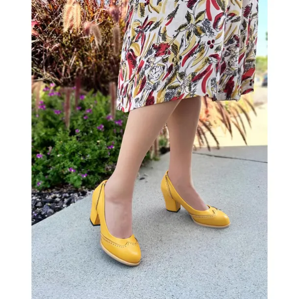 Women's Yellow Vintage-Inspired Heels with Brogue Detailing, Chunky Heel, and Slip-On Design, Perfect for Workwear and Special Occasions