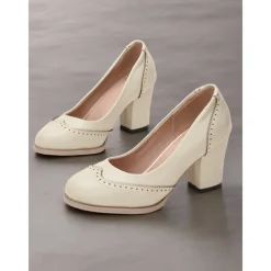 Women's Yellow Vintage-Inspired Heels with Brogue Detailing, Chunky Heel, and Slip-On Design, Perfect for Workwear and Special Occasions