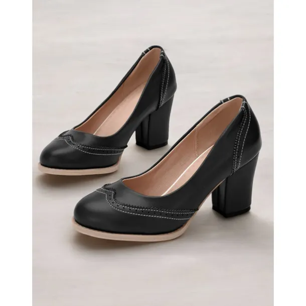 Women's Yellow Vintage-Inspired Heels with Brogue Detailing, Chunky Heel, and Slip-On Design, Perfect for Workwear and Special Occasions