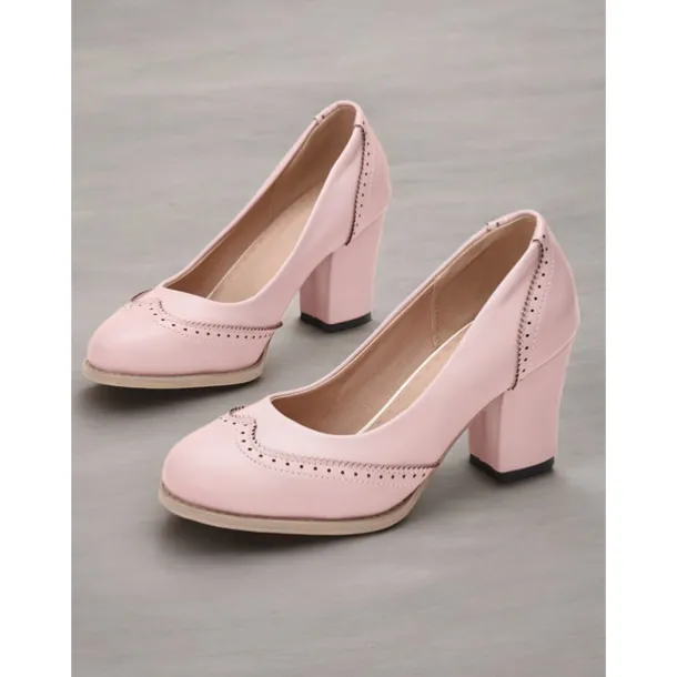 Women's Yellow Vintage-Inspired Heels with Brogue Detailing, Chunky Heel, and Slip-On Design, Perfect for Workwear and Special Occasions