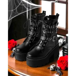 Women's Y2K Gothic Platform Combat Boots - 1980s-Inspired Black Lace-Up Ankle Boots with Studded Straps and Chunky Heels for Cosplay, Halloween,and Punk Streetwear