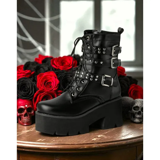 Women's Y2K Gothic Platform Combat Boots - 1980s-Inspired Black Lace-Up Ankle Boots with Studded Straps and Chunky Heels for Cosplay, Halloween,and Punk Streetwear
