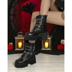 Women's Y2K Gothic Platform Combat Boots - 1980s-Inspired Black Lace-Up Ankle Boots with Studded Straps and Chunky Heels for Cosplay, Halloween,and Punk Streetwear