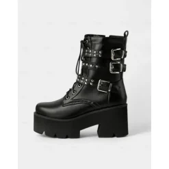 Women's Y2K Gothic Platform Combat Boots - 1980s-Inspired Black Lace-Up Ankle Boots with Studded Straps and Chunky Heels for Cosplay, Halloween,and Punk Streetwear