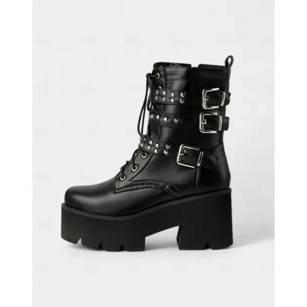 Women's Y2K Gothic Platform Combat Boots - 1980s-Inspired Black Lace-Up Ankle Boots with Studded Straps and Chunky Heels for Cosplay, Halloween,and Punk Streetwear