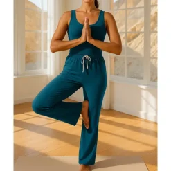 Women's Yoga Jumpsuit Onesie Pocket Henley Pilates Fitness Yoga Camisole Wide Leg Pant Black Blue Green Sports Activewear Micro-elastic