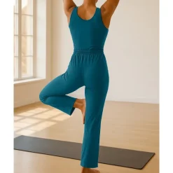 Women's Yoga Jumpsuit Onesie Pocket Henley Pilates Fitness Yoga Camisole Wide Leg Pant Black Blue Green Sports Activewear Micro-elastic