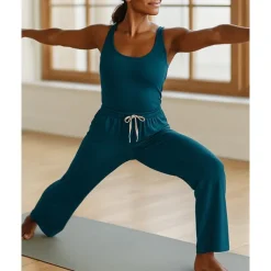 Women's Yoga Jumpsuit Onesie Pocket Henley Pilates Fitness Yoga Camisole Wide Leg Pant Black Blue Green Sports Activewear Micro-elastic