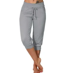 Women's Yoga Pants Drawstring Cropped with Pockets Tummy Control High Waist Yoga Gym Workout Running Capri Pants Bottoms Dark Grey Navy Apricot Cotton Linen Fall Sports Activewear High Elasticity