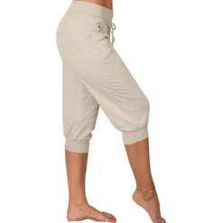 Women's Yoga Pants Drawstring Cropped with Pockets Tummy Control High Waist Yoga Gym Workout Running Capri Pants Bottoms Dark Grey Navy Apricot Cotton Linen Fall Sports Activewear High Elasticity