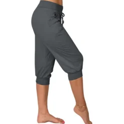 Women's Yoga Pants Drawstring Cropped with Pockets Tummy Control High Waist Yoga Gym Workout Running Capri Pants Bottoms Dark Grey Navy Apricot Cotton Linen Fall Sports Activewear High Elasticity