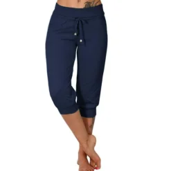 Women's Yoga Pants Drawstring Cropped with Pockets Tummy Control High Waist Yoga Gym Workout Running Capri Pants Bottoms Dark Grey Navy Apricot Cotton Linen Fall Sports Activewear High Elasticity