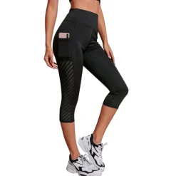 Women's Yoga Pants Side Pockets Tummy Control Butt Lift High Waist Yoga Fitness Gym Workout Capri Leggings Bottoms Black Pink Dark Navy Mesh Spandex Fall Sports Activewear Stretchy Skinny