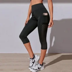 Women's Yoga Pants Side Pockets Tummy Control Butt Lift High Waist Yoga Fitness Gym Workout Capri Leggings Bottoms Black Pink Dark Navy Mesh Spandex Fall Sports Activewear Stretchy Skinny