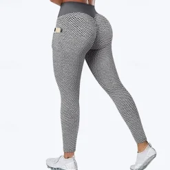 Women's Yoga Pants Yoga Leggings Pocket Elastic Waistband High Waist Yoga Gym Workout Pilates Tights Black Green Rose Red Sports Activewear Stretchy Slim