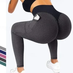 Women's Yoga Pants Yoga Leggings Pocket Elastic Waistband High Waist Yoga Gym Workout Pilates Tights Black Green Rose Red Sports Activewear Stretchy Slim