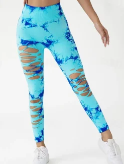 Women's Yoga Pants Yoga Leggings Cut Out High Waist Yoga Gym Workout Pilates Tights Tie Dye Blue Sky Blue Purple Fall Sports Activewear Stretchy Slim