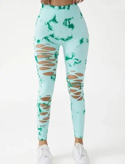 Women's Yoga Pants Yoga Leggings Cut Out High Waist Yoga Gym Workout Pilates Tights Tie Dye Blue Sky Blue Purple Fall Sports Activewear Stretchy Slim