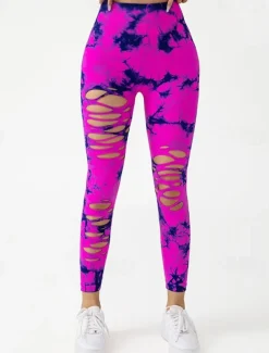 Women's Yoga Pants Yoga Leggings Cut Out High Waist Yoga Gym Workout Pilates Tights Tie Dye Blue Sky Blue Purple Fall Sports Activewear Stretchy Slim