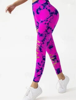 Women's Yoga Pants Yoga Leggings Cut Out High Waist Yoga Gym Workout Pilates Tights Tie Dye Blue Sky Blue Purple Fall Sports Activewear Stretchy Slim