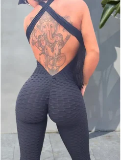 Women's Yoga Suit Tracksuit Tiktok Scrunch Butt Criss Cross Yoga Fitness Gym Workout High Waist Bodysuit Romper Sports Butt Lift Tummy Control 4 Way Stretch Quick Dry High Elasticity Sports