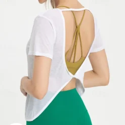 Women's Yoga Top Crew Neck Quick Dry Lightweight Breathable Backless Short Sleeve Sports Solid Color Tee Tshirt Top For Running Fitness Yoga Loose Fit Activewear