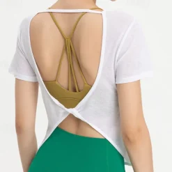 Women's Yoga Top Crew Neck Quick Dry Lightweight Breathable Backless Short Sleeve Sports Solid Color Tee Tshirt Top For Running Fitness Yoga Loose Fit Activewear