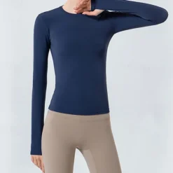 Women's Yoga Top Stand Collar Quick Dry Lightweight Breathable Thumbhole Long Sleeve Sports Solid Color Base Layer Top For Running Fitness Yoga Slim Activewear