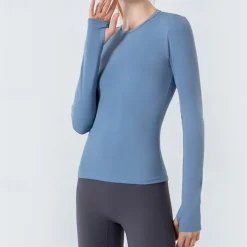 Women's Yoga Top Stand Collar Quick Dry Lightweight Breathable Thumbhole Long Sleeve Sports Solid Color Base Layer Top For Running Fitness Yoga Slim Activewear
