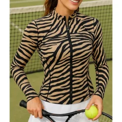 Women's Zebra Tennis Top Long Sleeve Zipper Printing Sweat-Wicking Moisture Wicking Breathable Tennis Golf Pickleball Standing Collar Black Khaki Tennis Clothing