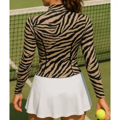 Women's Zebra Tennis Top Long Sleeve Zipper Printing Sweat-Wicking Moisture Wicking Breathable Tennis Golf Pickleball Standing Collar Black Khaki Tennis Clothing