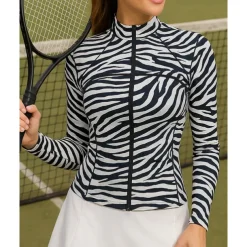 Women's Zebra Tennis Top Long Sleeve Zipper Printing Sweat-Wicking Moisture Wicking Breathable Tennis Golf Pickleball Standing Collar Black Khaki Tennis Clothing