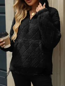 Women's Zip Up Hoodie Sweatshirt Casual Sherpa Fleece Plain Street Dailywear Hooded Pocket Half Zip Long Sleeve Black Red Beige Fall Winter