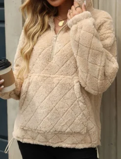 Women's Zip Up Hoodie Sweatshirt Casual Sherpa Fleece Plain Street Dailywear Hooded Pocket Half Zip Long Sleeve Black Red Beige Fall Winter