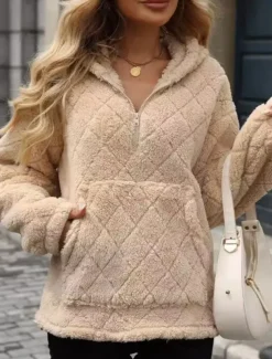 Women's Zip Up Hoodie Sweatshirt Casual Sherpa Fleece Plain Street Dailywear Hooded Pocket Half Zip Long Sleeve Black Red Beige Fall Winter