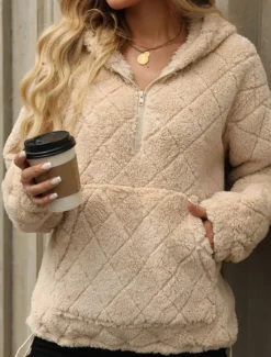 Women's Zip Up Hoodie Sweatshirt Casual Sherpa Fleece Plain Street Dailywear Hooded Pocket Half Zip Long Sleeve Black Red Beige Fall Winter