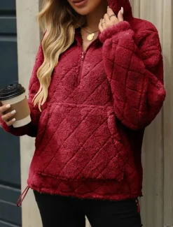 Women's Zip Up Hoodie Sweatshirt Casual Sherpa Fleece Plain Street Dailywear Hooded Pocket Half Zip Long Sleeve Black Red Beige Fall Winter