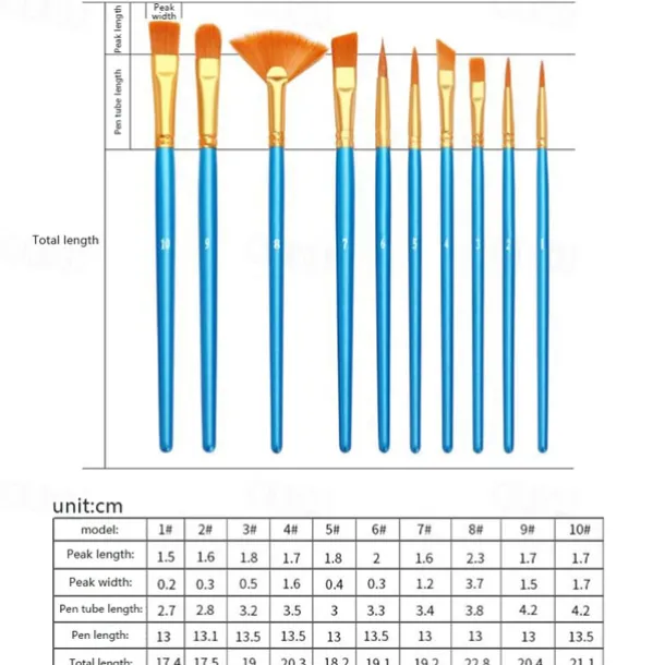 Wood Blue Painting Brushes Nylon Hair Material Oil Brushes Gouache Watercolor Paint Brushes 10 pcs