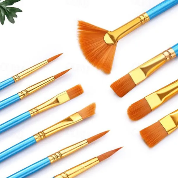 Wood Blue Painting Brushes Nylon Hair Material Oil Brushes Gouache Watercolor Paint Brushes 10 pcs