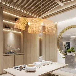 Wood Ceiling Tray 2 Light Light Rattan Ceiling Wicker Chandelier Natural Rattan Ceiling Lamp Creative Lamp Shade Retro Hanging Light Wicker Lighting Fixtures for Bedroom Dining Living